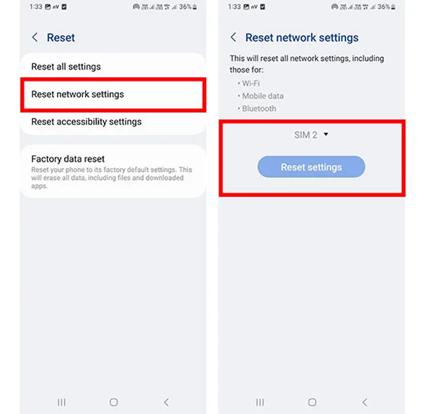 بخش Reset network settings