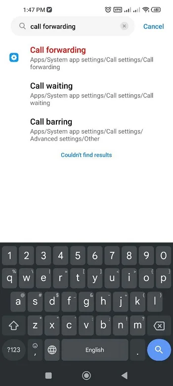 جستجو Call Forwarding در جستجو تنظیمات گوشی