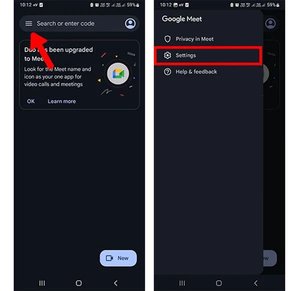 تنظیمات گوگل میت